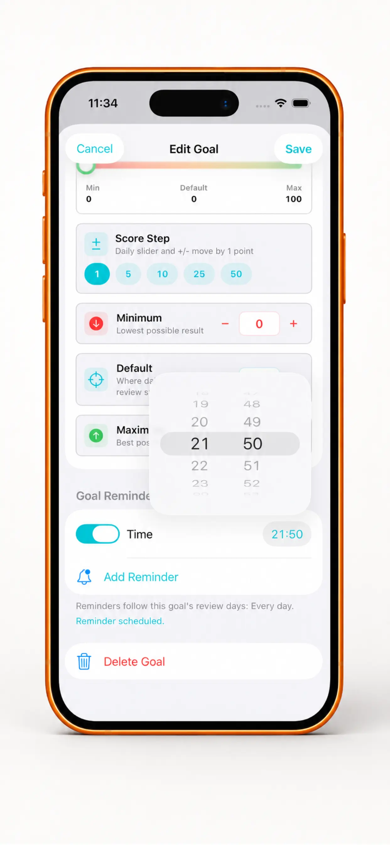 Goal reminder and score step settings screen.