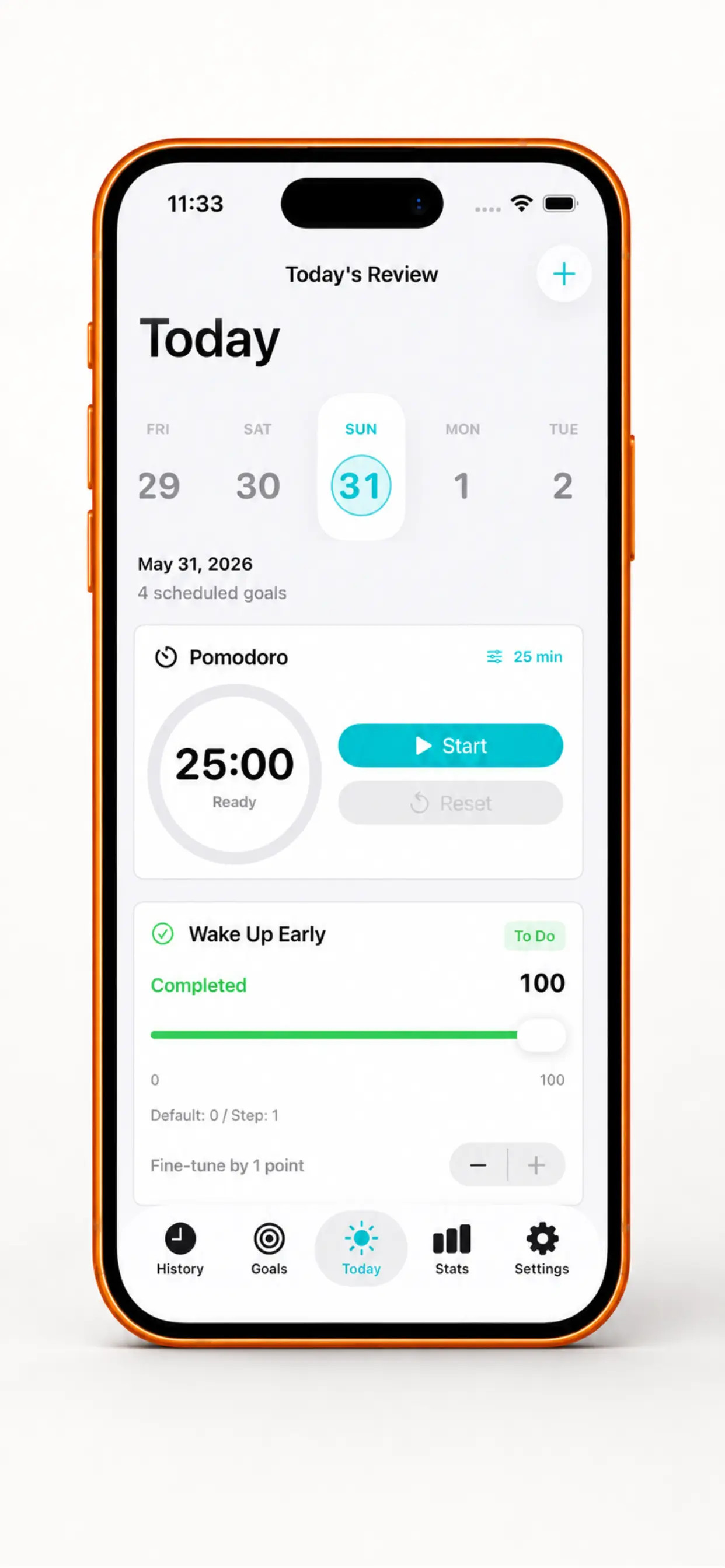Muhasebat Today screen with Pomodoro, daily goals, and review scoring.